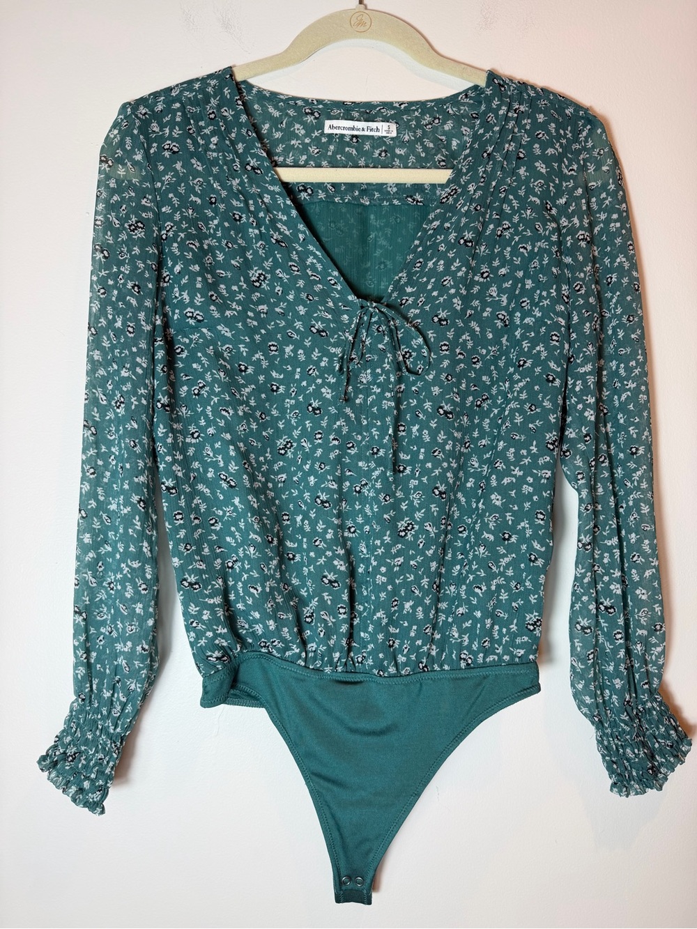 Abercrombie & Fitch Floral Tie Front Smocked Bodysuit Teal Blue Long Sleeve S